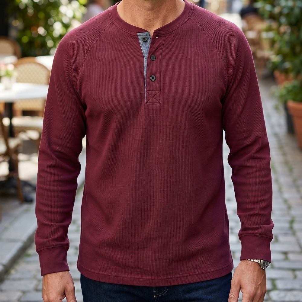 Lands‎ End Mens Burgundy Long Sleeve Henley Raglan Shirt Maroon Pullover